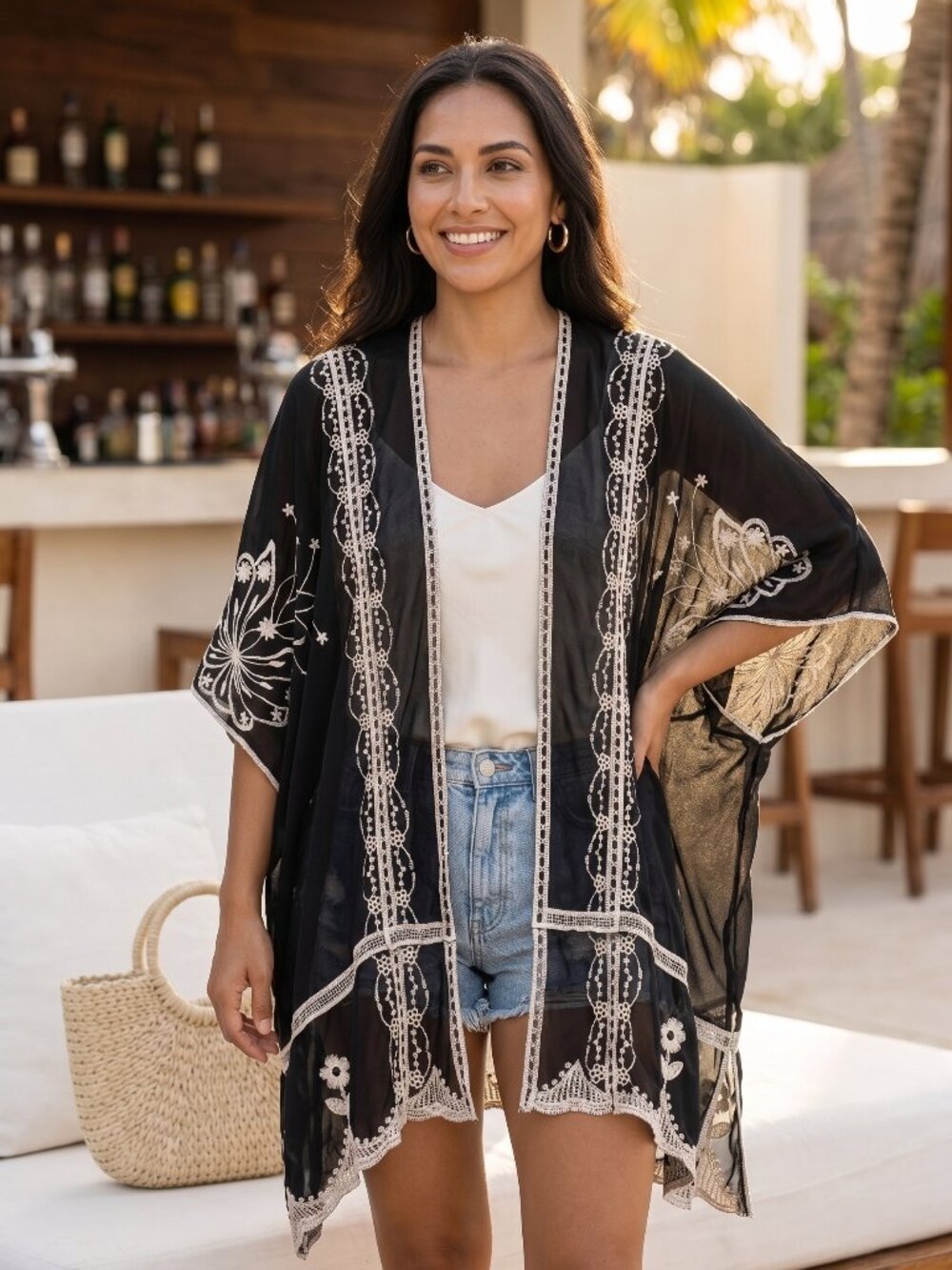 Rachel Zoe Black Sheer Kimono Cardigan Embroidered Open Front One Size